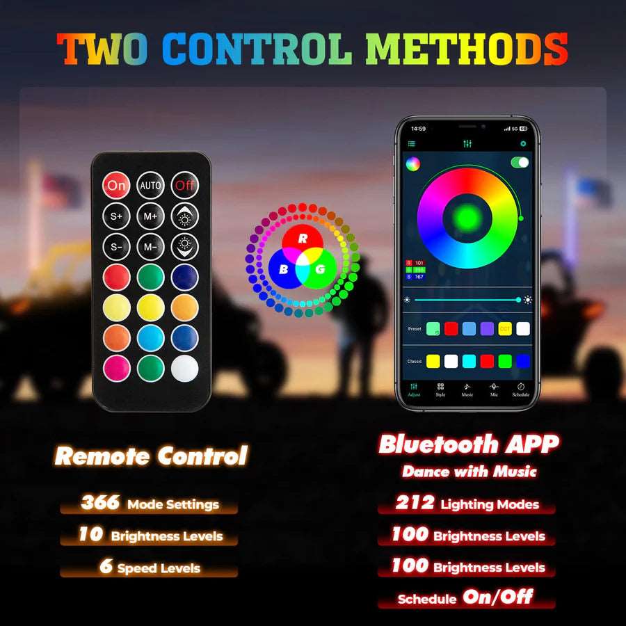 UTV ATV LED Whip Lights with Bluetooth For Can-Am / Polaris RZR (2pcs 4FT) - LynXautoinnovate™️