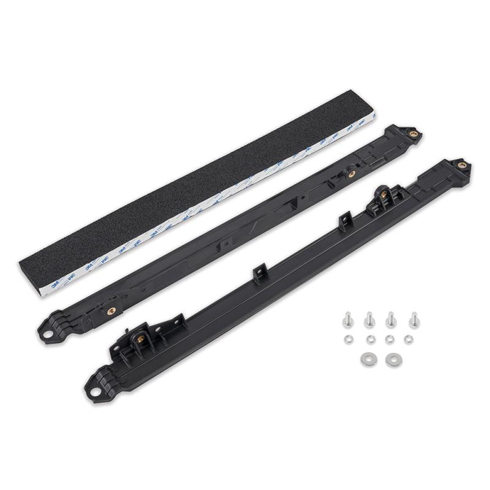 Black metal brackets with screws for the tundra radiator with white background underlay