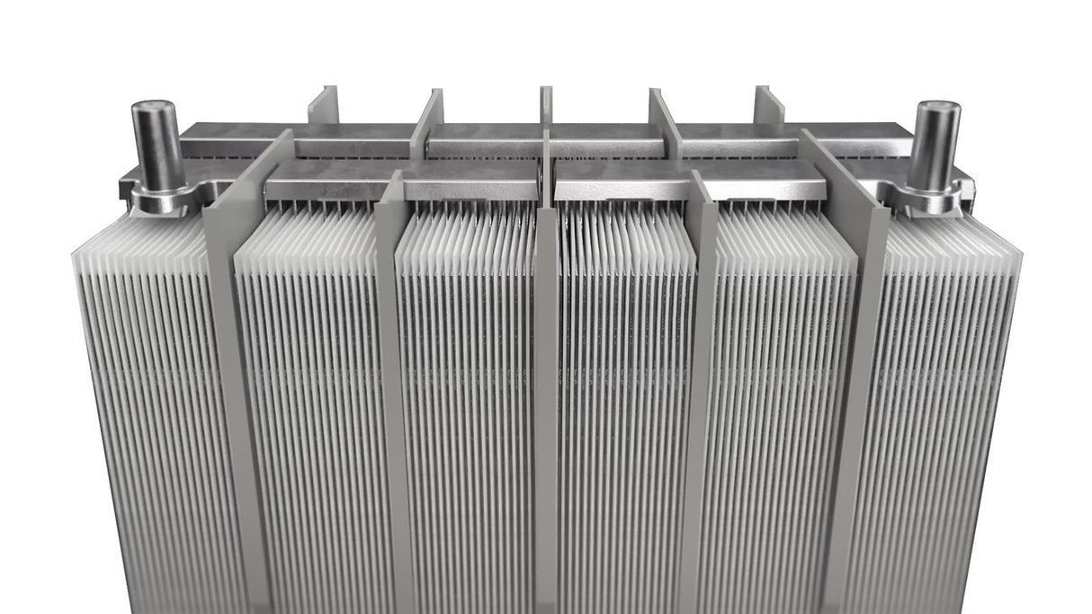 Metallic heat exchanger on a white background
