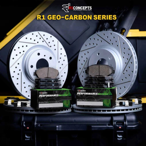 R1 GEO-Carbon series brake rotors and pads on a black background with 'R1CONCEPTS' branding.