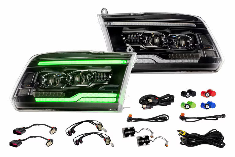 XRGB Evo headlights, one shows the changing lighting, the other is off. With wiring harnesses on a white background