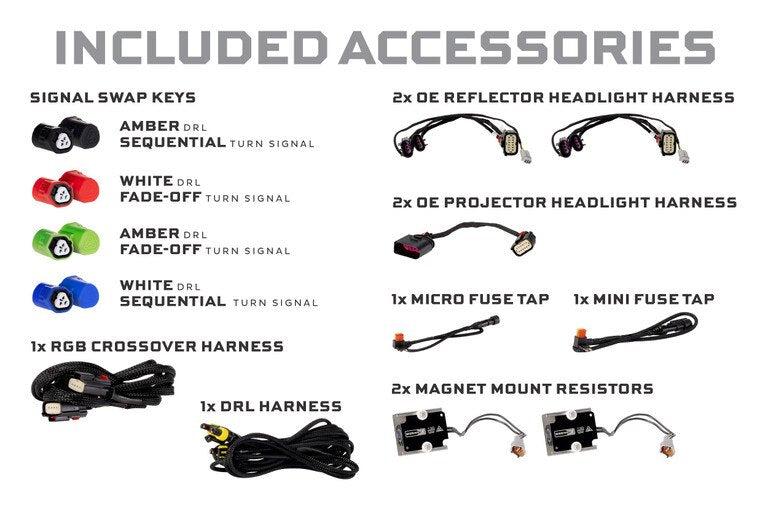 List of included car accessories with icons and labels:
Amber sequential keys
White fade-off keys
Amber fade-off keys
White sequential keys
with harness for headlights and 2x magnet mount resisters
on a white background