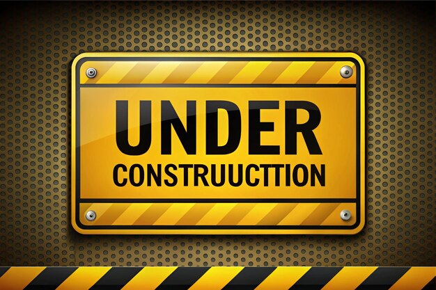 A yellow construction-style sign with black text reading 'UNDER CONSTRUCTION' on a dark textured background with yellow and black hazard stripes.