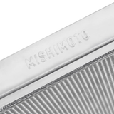 Close-up of a Mishimoto radiator with engraved branding with a white background