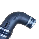 Black and silver automotive air intake system on a white background