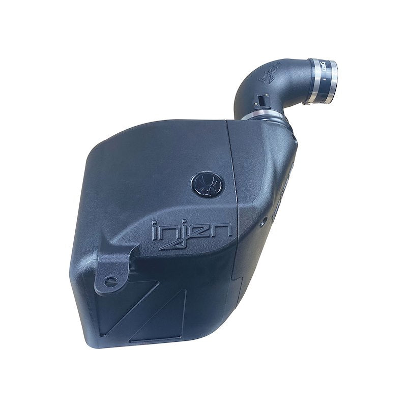 Blue air filter housing with 'injen' branding on a white background