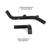 Black intercooler pipe with clip points and alignment markings on a white background