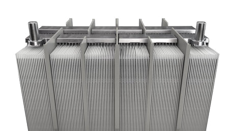 Metallic heat exchanger on a white background