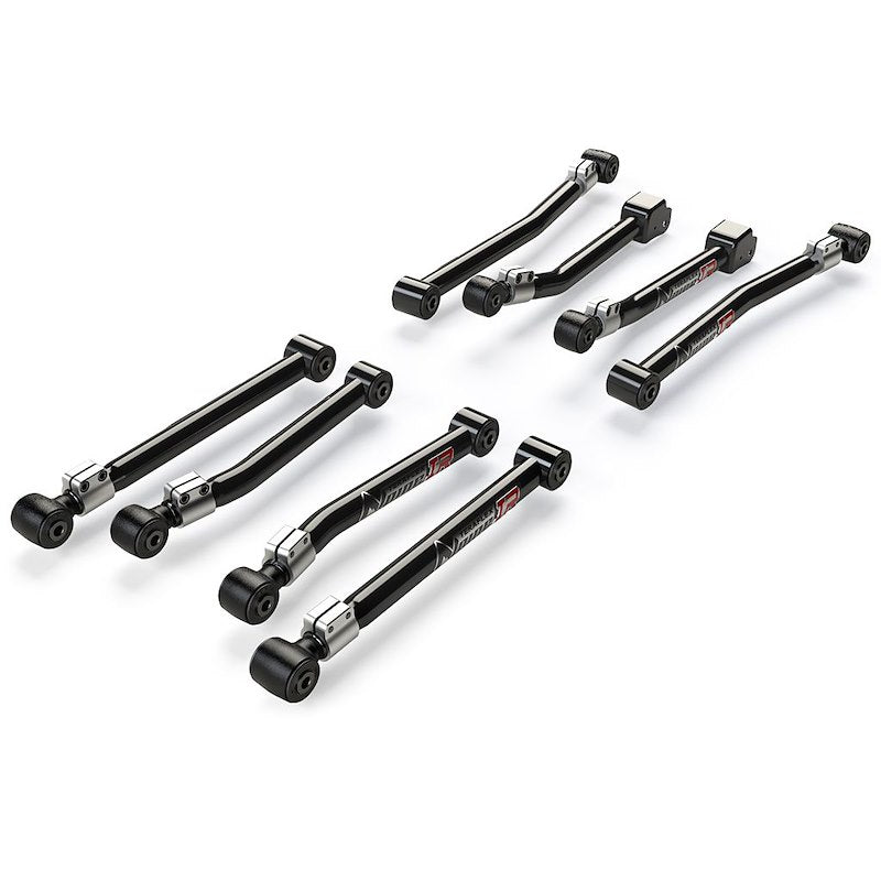 Set of eight black metal control arms on a white background
