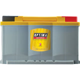 Optima battery with yellow top and gray body on a white background