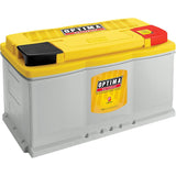 Optima battery with yellow cover on a white background