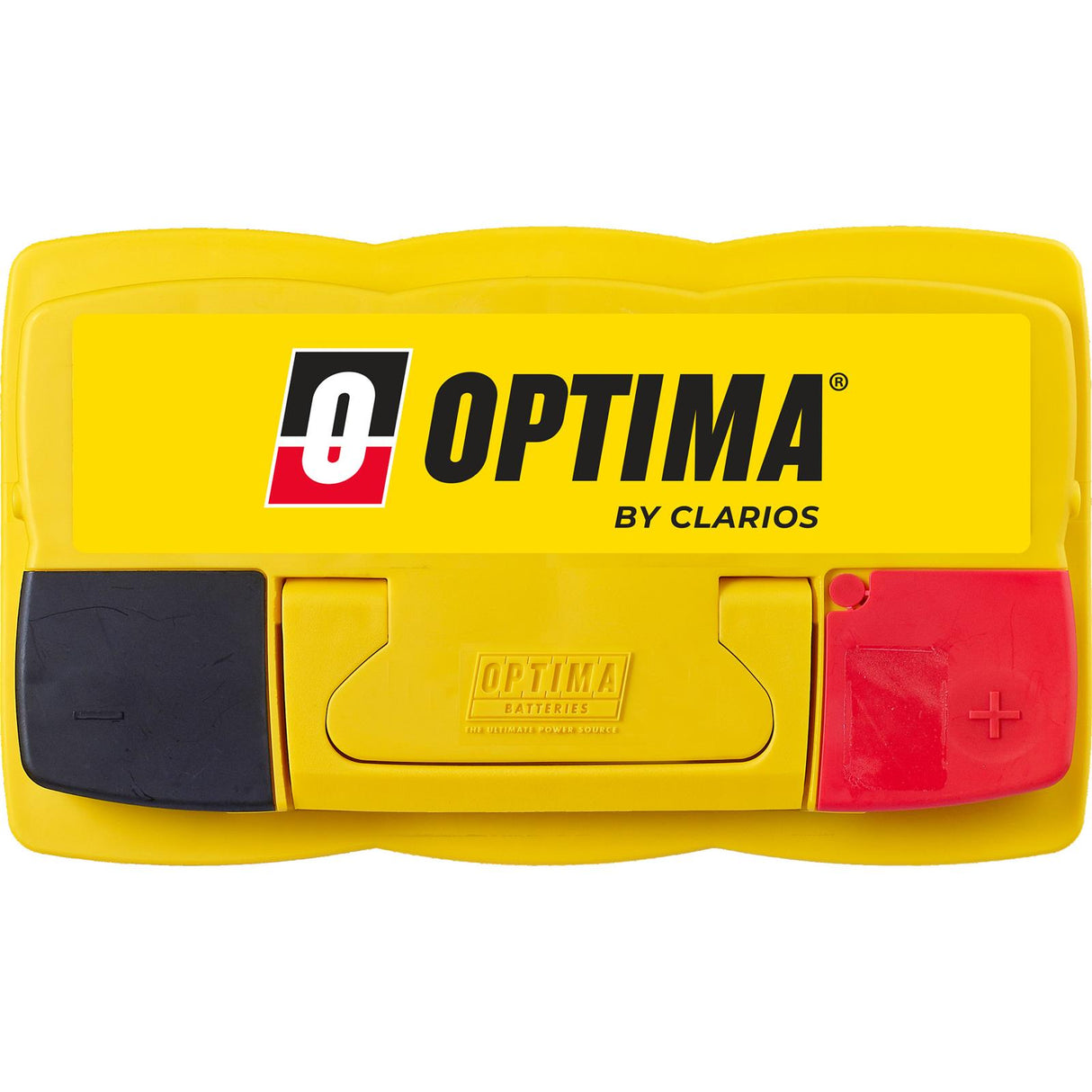 Yellow battery with Optima by Clarios branding on a white background
