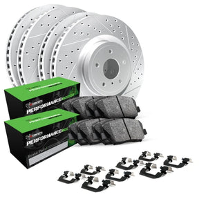 Brake disc, pads, and calipers with Concept One Performance packaging on a white background