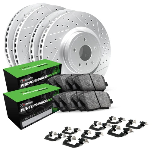 Brake disc, pads, and calipers with Concept One Performance packaging on a white background