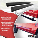 Black vehicle steps with promotional text and Westin branding on a red and white background